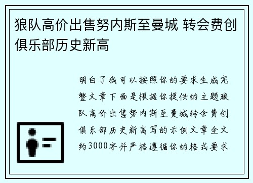 狼队高价出售努内斯至曼城 转会费创俱乐部历史新高