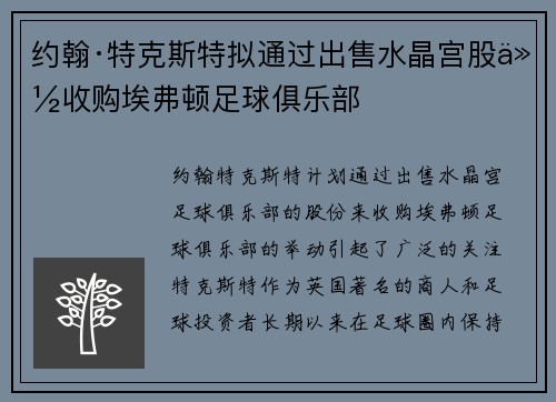约翰·特克斯特拟通过出售水晶宫股份收购埃弗顿足球俱乐部 约翰·特克斯特拟通过出售水晶宫股份收购埃弗顿足球俱乐部